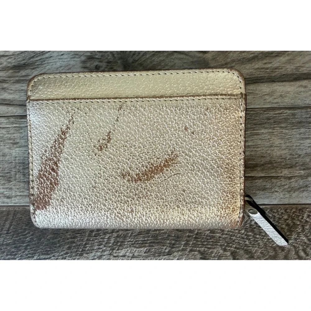 Kate Spade Bifold Wallet Gold Metallic Pebbled Leather Designer Glam Chic